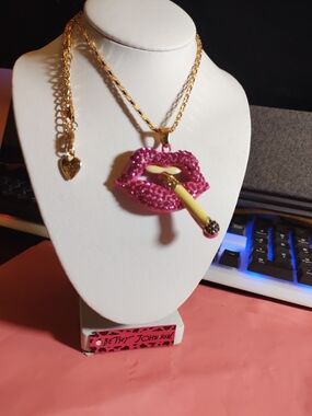 Betsey Johnson Hot Pink Lip Pendant Necklace with Gold Chain